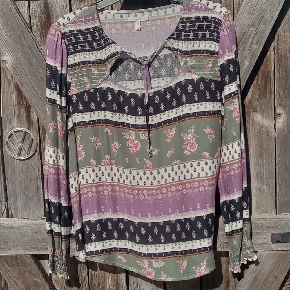 Maurices Patchwork Peasant Blouse, Purple Combo, L